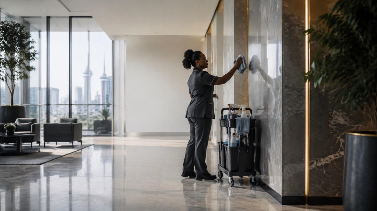 Professional Commercial Cleaning A commercial cleaning professional cleaning a modern Toronto office building
