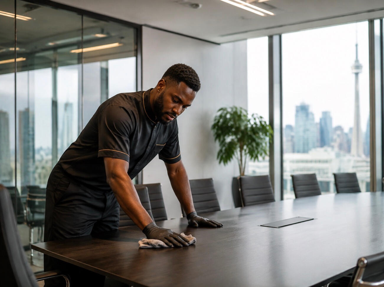 A commercial cleaner sanitizing a conference room in a Toronto office