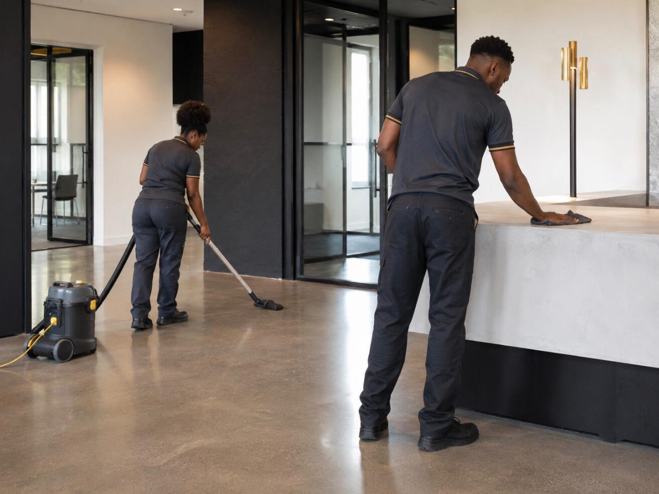cleaning professionals completing a detailed post-construction office cleaning