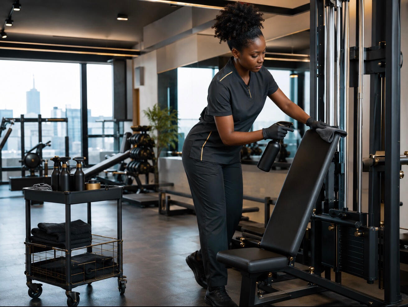 A commercial cleaning professional disinfecting equipment in a Toronto gym
